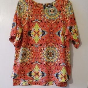 Kut from the Kloth Vibrant Orange, Teal and Yellow Blouse, Size L